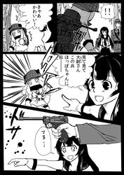  1boy 2girls agano_(kantai_collection) akitsu_maru_(kantai_collection) amine comic firing gun handgun highres kantai_collection long_hair military military_uniform monochrome multiple_girls necktie northern_ocean_hime open_mouth pistol pointing_finger translation_request uniform weapon 