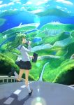  1girl alternate_costume back bottle full_body green_eyes green_hair hair_ornament impossible_landscape kneehighs kochiya_sanae landscape long_hair long_sleeves looking_at_viewer looking_back nature open_mouth polpol running school_uniform shirt shoes skirt snake_hair_ornament solo sunlight touhou water water_bottle white_legwear 