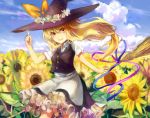  1girl alternate_hairstyle apron blonde_hair blue_sky bow broom clouds cowboy_shot denchu_(kazudentyu) dress flower frilled_skirt frills garden_of_the_sun hat hat_bow hat_flower kirisame_marisa long_hair long_ponytail looking_at_viewer low_ponytail outdoors pointing pointing_up ponytail short_sleeves skirt sky small_breasts solo sunflower touhou very_long_hair vest waist_apron witch_hat wreath yellow_eyes 