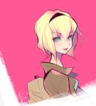  1girl backpack bag blonde_hair blue_eyes gwen_stacy hairband jacket jun_(spitfire) lips looking_at_viewer marvel short_hair smile solo upper_body 
