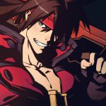  1boy brown_hair fingerless_gloves gloves grin guilty_gear headband high_collar ilya_kuvshinov long_hair male_focus one_eye_covered over_shoulder pectorals smile sol_badguy solo sword weapon weapon_over_shoulder 