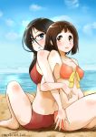  2015 2girls back-to-back bangs barefoot beach bikini black_hair blue_eyes blue_sky blush bob_cut brown_eyes dated glasses hair_between_eyes hibike!_euphonium horizon locked_arms long_hair mole mole_under_eye multiple_girls nakaseko_kaori navel orange_bikini outdoors parted_bangs parted_lips rainydayjp red-framed_glasses red_bikini sand semi-rimless_glasses short_hair sitting sky swimsuit tanaka_asuka twitter_username 