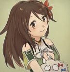  1girl amagi_(kantai_collection) bare_shoulders brown_eyes brown_hair carrying cleavage_cutout close-up fig_(lchijiku) flower from_side hair_between_eyes hair_flower hair_ornament kantai_collection long_hair looking_at_viewer mole mole_under_eye ponytail portrait remodel_(kantai_collection) short_sleeves smile solo 