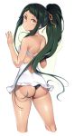  1girl ass blush character_request dress green_hair green_panties hair_ribbon long_hair looking_back nanao_(mahaya) panties parted_lips ponytail ribbon simple_background solo underwear white_background white_dress yellow_eyes 