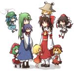  6+girls aki_minoriko aki_shizuha apron barefoot black_hair black_wings blonde_hair blue_hair boots bow brown_hair carrying chibi_on_head child detached_sleeves dress flying_sweatdrops food frog_hair_ornament fruit geta grapes green_hair hair_bobbles hair_bow hair_ornament hair_tubes hakurei_reimu hat helicopter juliet_sleeves kagiyama_hina kawashiro_nitori kochiya_sanae kumo_(atm) long_skirt long_sleeves mob_cap moriya_suwako multiple_girls puffy_short_sleeves puffy_sleeves purple_hair red_dress shameimaru_aya shirt short_sleeves skirt skirt_set tokin_hat touhou wide_sleeves wings yasaka_kanako younger 