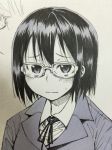  blush glasses monochrome short_hair solo yugami_gooshu 