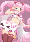  1girl :d animal_ears aqua_eyes bell blush breasts cat_ears cat_tail guitar hair_ornament heart heart_hair_ornament instrument jam_(jam0601) long_hair looking_at_viewer open_mouth pink_background pink_hair pink_skirt red_legwear rosia_(show_by_rock!!) show_by_rock!! simple_background skirt smile solo tail thigh-highs twintails v 
