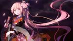  1girl cherry_blossoms fan flower folding_fan hair_flower hair_ornament hello_kitty japanese_clothes kimono long_hair looking_at_viewer nekomura_iroha petals pink_hair red_eyes side_ponytail solo very_long_hair vocaloid xk_xk 