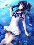  1girl black_hair blue_eyes blue_hair fish highres hiradaira_chisaki index_finger_raised long_hair nagi_no_asukara school_uniform shirato_sayuri side_ponytail smile solo underwater 