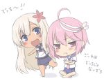  2girls :d :t antenna_hair blonde_hair blue_eyes chibi crossed_arms flower hair_flower hair_ornament i-58_(kantai_collection) indian_style kantai_collection long_hair looking_at_viewer looking_to_the_side multiple_girls one-piece_swimsuit open_mouth oukawa_yuu pink_eyes pink_hair pout ro-500_(kantai_collection) school_uniform serafuku short_hair short_sleeves simple_background sitting smile swimsuit swimsuit_under_clothes very_long_hair white_background 