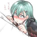  1boy 1girl admiral_(kantai_collection) aqua_hair blush grey_eyes hair_ornament hairclip hands_on_another&#039;s_chest kantai_collection long_hair mikagami_sou military military_uniform open_mouth school_uniform solo_focus suzuya_(kantai_collection) translation_request uniform 