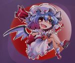  1girl alcohol bat_wings blue_hair bow cup hat moon night red_eyes red_moon remilia_scarlet ribbon shinapuu short_hair smile solo touhou wine wine_glass wings 