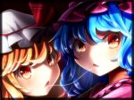  2girls after_kiss blonde_hair blue_hair face flandre_scarlet frame looking_at_viewer mob_cap multiple_girls oimo_(imoyoukan) open_mouth red_eyes remilia_scarlet saliva saliva_trail siblings sisters touhou yuri 