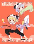  2girls alternate_costume alternate_headwear animal_ears animal_hood bat_wings blonde_hair blue_hair blush bowtie crystal fake_animal_ears fighting_stance flandre_scarlet full_body highres hood leg_up long_sleeves looking_at_viewer multiple_girls open_mouth outstretched_arms panda_ears pants red_background red_eyes remilia_scarlet shinoba shirt shoes short_hair side_ponytail smile touhou vest wide_sleeves wings 