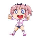  +_+ 1girl blue_eyes blush bow buruma chibi hair_bow hanjuku0422 hibari_(senran_kagura) looking_at_viewer open_mouth pink_hair senran_kagura senran_kagura_(series) short_hair short_twintails solo symbol-shaped_pupils track_jacket twintails 