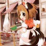 1girl absurdres alcohol alternate_costume animal_ears apron beer beer_mug black_forest_cake brown_eyes brown_hair cafe cat_ears cat_tail chair chen from_behind german_clothes gingerbread_cookie hair_ribbon hairband highres jewelry kurumai looking_at_viewer looking_back multiple_tails open_mouth outdoors restaurant ribbon short_hair short_sleeves single_earring slice_of_cake solo table tail tile_floor tiles touhou tray waist_apron waitress 