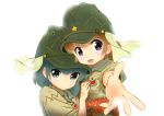  2girls backlighting black_hair blue_eyes brown_hair hand_on_another&#039;s_chest hat imperial_japanese_army leaning leaning_on_person looking_at_viewer mae_tap military military_uniform multiple_girls open_mouth original outstretched_hand pouch simple_background smile soldier solo uniform upper_body violet_eyes white_background world_war_ii 
