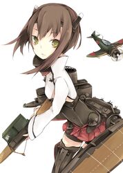  1girl airplane bow_(weapon) brown_eyes brown_hair crossbow hasunokaeru headband headgear highres kantai_collection machinery short_hair solo taihou_(kantai_collection) weapon 