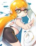  1girl bent_over bike_shorts blonde_hair eyebrows inkling long_hair looking_at_viewer naso4 parted_lips pointing solo splatoon squid thighs twintails 