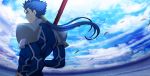  1boy aora blue_hair closed_eyes fate/stay_night fate_(series) lancer long_hair moon ponytail sky solo 