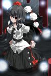  1girl black_hair blush breasts hat long_sleeves looking_at_viewer necktie pointy_ears pom_pom_(clothes) red_eyes shameimaru_aya skirt skirt_lift smile solo suka_(gn0000i) tokin_hat touhou wings 