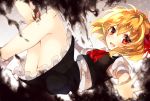  1girl ascot blonde_hair darkness hair_ribbon looking_at_viewer open_mouth outstretched_arms puffy_short_sleeves puffy_sleeves red_eyes ribbon rumia shirt short_sleeves skirt skirt_set smile solo sweetroad touhou vest 