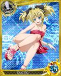  1girl artist_request bishop_(chess) blonde_hair blue_background blue_eyes bracelet card_(medium) character_name chess_piece dress fang high_school_dxd jewelry mittelt official_art red_dress shoes smile trading_cards 