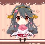  1girl black_hair bouquet brown_eyes chibi flower hair_flower hair_ornament hairclip haruna_(kantai_collection) headgear kantai_collection long_hair nontraditional_miko nor_nao pleated_skirt red_skirt skirt smile solo trembling twitter_username 