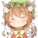 1girl animal_ears blush bowtie brown_hair cat_ears cat_tail chen chibi closed_eyes face flying_sweatdrops hat ibarashiro_natou jewelry long_sleeves mob_cap multiple_tails shirt short_hair simple_background single_earring solo tail text touhou upper_body vest white_background 