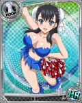  1girl artist_request black_hair blue_eyes body_blush breasts bun_cover card_(medium) character_name cheerleader chess_piece cleavage double_bun high_school_dxd official_art rook_(chess) solo torn_clothes trading_cards xuelan 