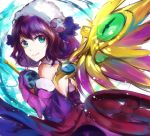  1girl blue_eyes elbow_gloves fur_trim gloves mi_bait purple_hair puzzle_&amp;_dragons short_hair skuld_(p&amp;d) smile solo wavy_hair wings 