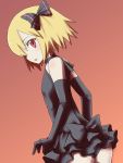  1girl alternate_costume bare_shoulders black_dress black_panties blonde_hair dress elbow_gloves frills from_behind gloves hair_ribbon jack_(wkm74959) looking_at_viewer looking_back open_mouth panties red_background red_eyes ribbon rumia short_dress short_hair simple_background sleeveless sleeveless_dress solo touhou underwear 