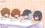  &gt;_&lt; 4girls :&gt; akatsuki_(kantai_collection) anchor_symbol black_hair blue_eyes brown_hair flat_cap folded_ponytail food fork fork_in_mouth hair_ornament hairclip hat hibiki_(kantai_collection) ikazuchi_(kantai_collection) inazuma_(kantai_collection) kantai_collection knife long_hair long_sleeves multiple_girls nor_nao ponytail school_uniform serafuku short_hair silver_hair smile twitter_username 