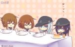  4girls :d ^_^ akatsuki_(kantai_collection) anchor_symbol black_hair blue_eyes brown_hair closed_eyes fang flat_cap folded_ponytail food fork fork_in_mouth hair_ornament hairclip hat hibiki_(kantai_collection) ikazuchi_(kantai_collection) inazuma_(kantai_collection) kantai_collection knife long_hair long_sleeves multiple_girls nor_nao open_mouth plate ponytail school_uniform serafuku short_hair silver_hair smile translated twitter_username 