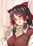  1girl alternate_costume blush breasts brown_hair can cleavage curtains drunk hair_ornament hair_ribbon hair_tubes hakurei_reimu jewelry jpeg_artifacts long_sleeves looking_at_viewer necklace nokonoko_(cookie) open_mouth ribbon shirt short_hair smile solo tears touhou upper_body vest 