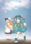  2girls :o apron backpack bag bamboo_broom blonde_hair blue_eyes blue_hair blue_sky blush boots braid broom clouds facing_away flat_cap hair_bobbles hair_ornament hair_ribbon hat hat_ribbon head_tilt high_collar highres juliet_sleeves kawashiro_nitori key kirisame_marisa long_hair long_sleeves looking_at_viewer mary_janes multiple_girls outstretched_arms pantyhose petticoat puffy_short_sleeves puffy_sleeves reaching_out red_eyes ribbon rubber_boots shoes short_hair short_sleeves single_braid skirt skirt_set sky touhou tress_ribbon twintails waist_apron white_legwear witch_hat zf_mizunokei 