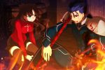 1girl black_hair blood blue_eyes blue_hair fate/stay_night fate_(series) fire highres lancer long_hair null2deoru polearm ponytail red_eyes spear spoilers thigh-highs tohsaka_rin toosaka_rin two_side_up weapon 