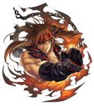  1boy :q black_gloves brown_hair chain clenched_hand fingerless_gloves gears gloves guilty_gear headband highres licking_lips lips long_hair muscle oro_(sumakaita) ponytail sleeveless sol_badguy solo tongue tongue_out upper_body white_background 