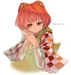  1girl apron bell checkered hair_bell hair_ornament japanese_clothes jpeg_artifacts long_sleeves motoori_kosuzu orange_hair pisoshi short_hair simple_background smile solo text touhou twintails upper_body white_background wide_sleeves 