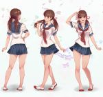  1girl breasts brown_eyes brown_hair cfr character_sheet hand_on_head hand_on_hip highres long_hair open_mouth original pigeon-toed pleated_skirt school_uniform serafuku shoes skirt smile twintails uwabaki 