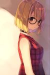  1girl bare_arms blonde_hair checkered_dress choker from_side glasses looking_at_viewer natsu_natsuna red_eyes short_hair solo 