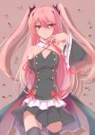  1girl arm_behind_back bare_shoulders black_legwear detached_sleeves hair_ornament krul_tepes owari_no_seraph pink_eyes pink_hair saisarisu smile solo thigh-highs twintails zettai_ryouiki 