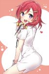  1girl :d alternate_hairstyle blush bow cozyquilt from_side gloves hair_bow hair_ornament hairclip heart looking_at_viewer love_live!_school_idol_project mechanical_pencil nishikino_maki nurse open_mouth pencil redhead sitting smile solo stethoscope violet_eyes white_gloves 