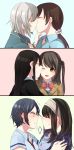  6+girls anastasia_(idolmaster) black_hair blush brown_hair cheek_kiss chin_grab closed_eyes hayami_kanade highres hinagi_(fox_priest) idolmaster idolmaster_cinderella_girls incipient_kiss kiss long_hair multiple_girls nitta_minami sagisawa_fumika school_uniform shibuya_rin shimamura_uzuki short_hair smile yuri 