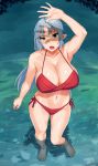  1girl arm_up armpits bikini blue_hair blush breasts fang highres horn huge_breasts long_hair navel obmas_(pfeito) oni open_mouth original pointy_ears red_bikini shading_eyes side-tie_bikini solo sweat swimsuit wading water 
