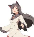  1girl animal_ears black_hair brooch dress fang hasebe_yuusaku imaizumi_kagerou jewelry long_hair long_sleeves looking_at_viewer open_mouth red_eyes simple_background smile solo touhou white_background wide_sleeves wolf_ears 