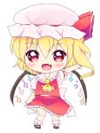  1girl :d blonde_hair bow chibi dress fang flandre_scarlet hat hat_bow mob_cap ogata_hisano open_mouth red_bow red_dress red_eyes short_hair short_sleeves simple_background smile solo touhou white_background wings 