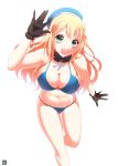  1girl atago_(kantai_collection) bikini black_gloves blonde_hair blush breasts gloves green_eyes hat highres kantai_collection large_breasts long_hair looking_at_viewer midriff navel ookami_maito open_mouth running smile solo swimsuit 