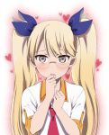  1girl blonde_hair blush glasses hair_ribbon hands_on_own_face heart long_hair looking_at_viewer mattaku_mousuke necktie open_mouth retoree ribbon school_uniform show_by_rock!! solo twintails upper_body yellow_eyes 