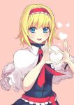  1girl :d alice_margatroid blonde_hair blue_dress blue_eyes blush capelet culter dress eyelashes hairband heart heart_hands open_mouth pink_background red_ribbon ribbon short_hair signature simple_background smile solo touhou 